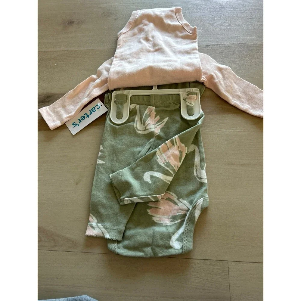 Carter's 3 M baby girl pink swan onesie and green pants set